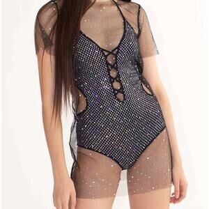 Ragstock Holographic Black Dot Mesh Dress Y2K Fairy Grunge Indie Womens Med NWT